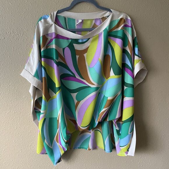 Tyche Tops - Tyche Shirt Womens Medium Multi Petal Banded Colorful Geometric Boat Neck Blouse